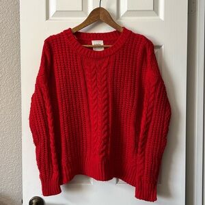 Red Cable Knit Crew Neck Sweater